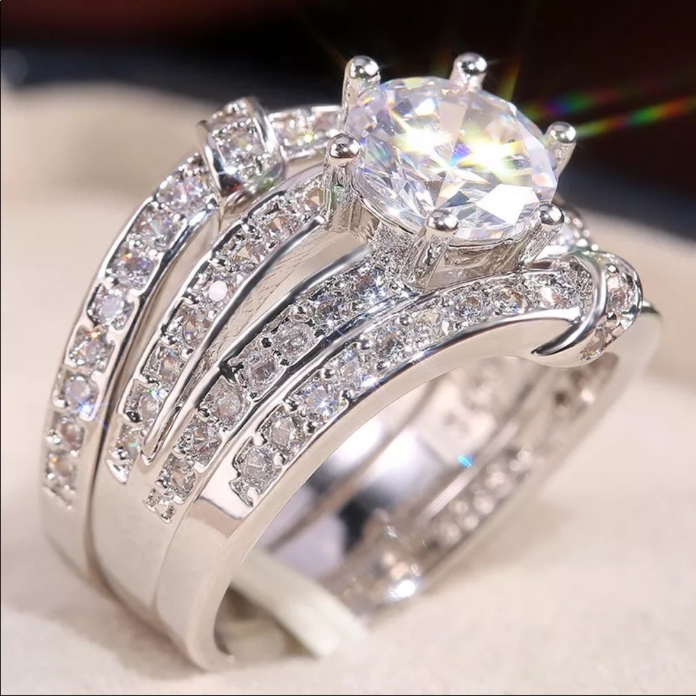 *NEW*3pct/Set 925 Silver Round Cut Diamond Ring - Picture 2 of 3